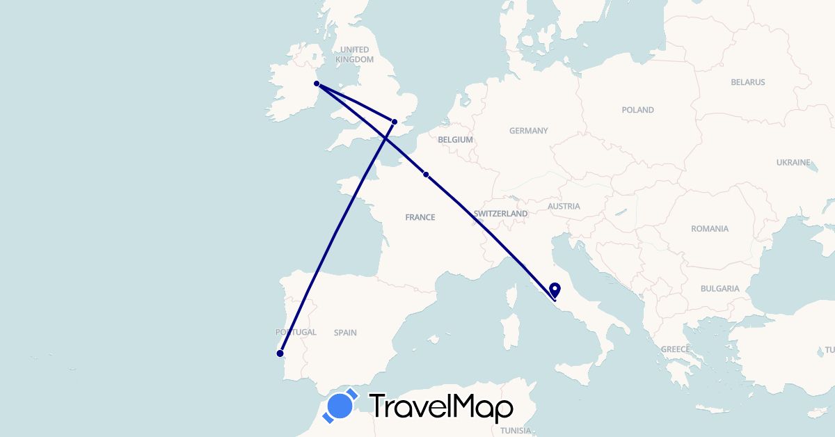 TravelMap itinerary: driving in France, United Kingdom, Ireland, Italy, Portugal (Europe)