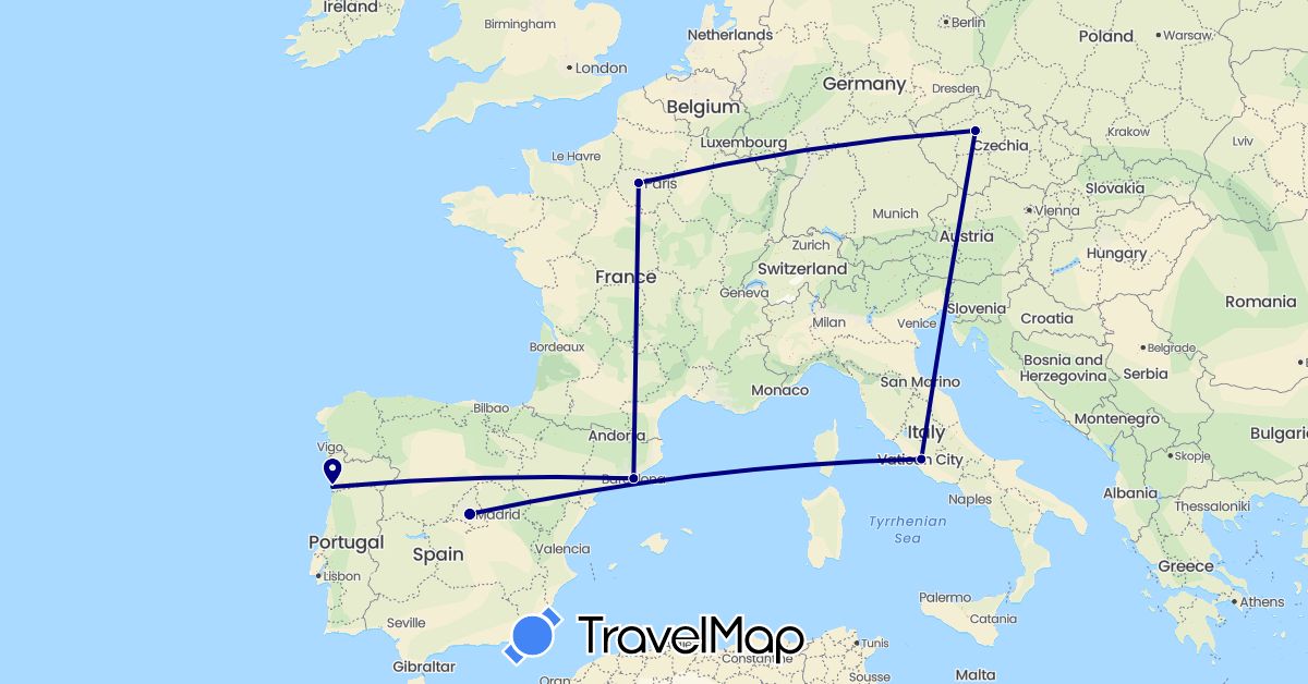 TravelMap itinerary: driving in Czech Republic, Spain, France, Italy, Portugal (Europe)