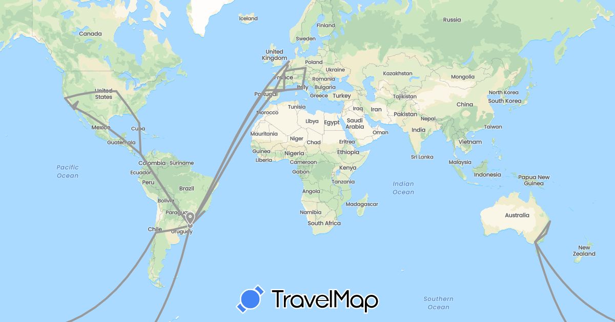 TravelMap itinerary: driving, plane in Australia, Belgium, Brazil, Chile, Czech Republic, Spain, France, Italy, Netherlands, Panama, Portugal, United States (Europe, North America, Oceania, South America)